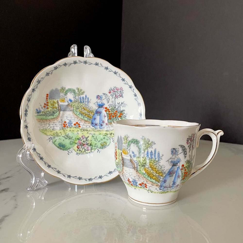 Lady in Garden Cup & Saucer - Bell China - English Bone
